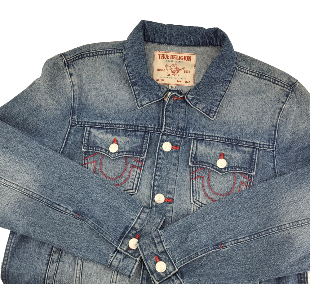 True Religion Denim Trucker Jacket Mens L Buddha Big Back Graphic Horseshoe NWT